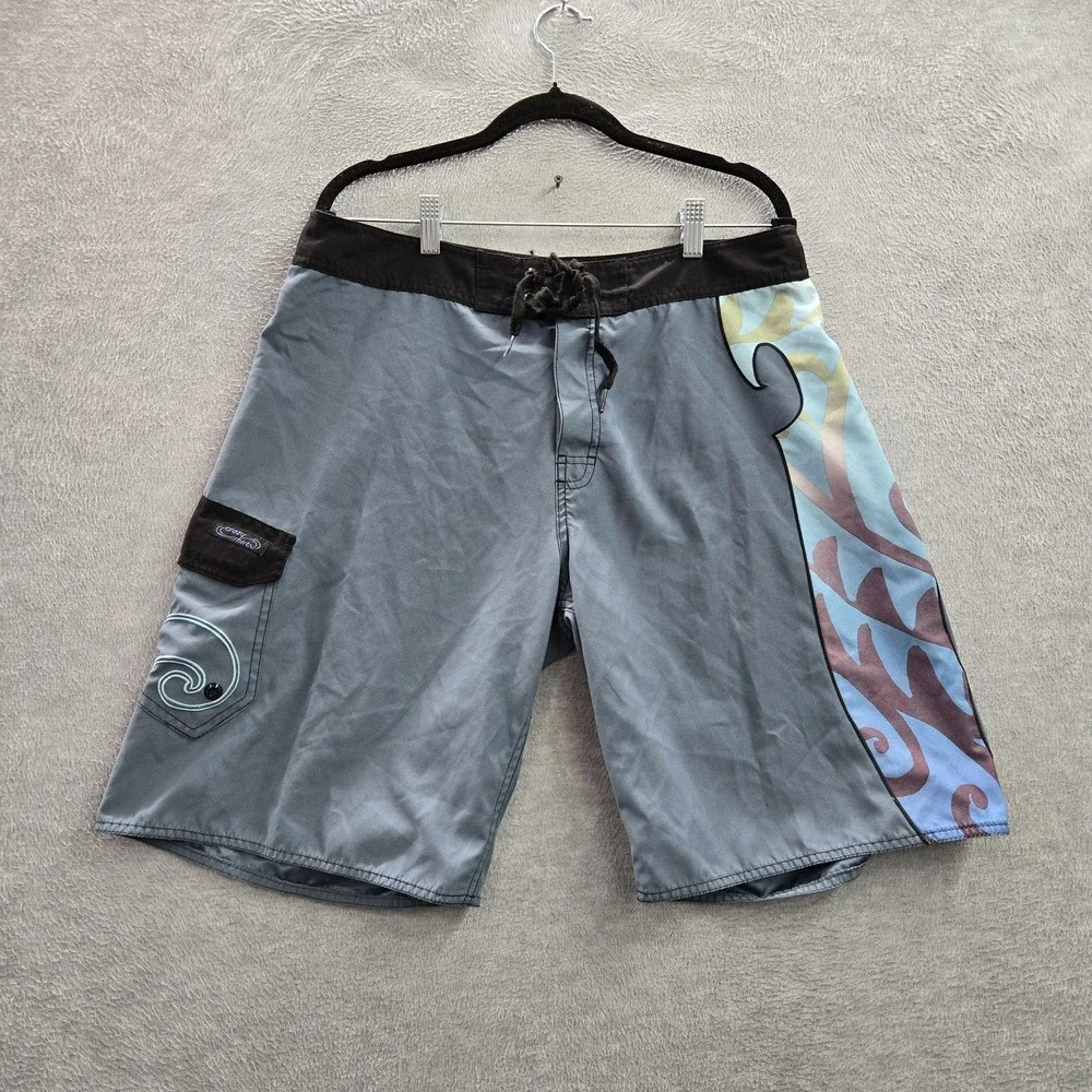 VINTAGE Crazy Shirts Men Swimwear 34 Gray Wave Embroidery‎ Board Shorts Surf Y2K